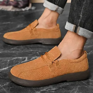 Men's brown suede low-top casual outdoor shoes featuring a vintage braided rope detail