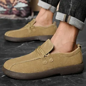 Men's low-top outdoor casual shoes in khaki suede with slip-on rope detail