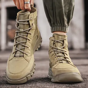 High-top tan tactical hiking boots for men, durable outdoor desert combat footwear
