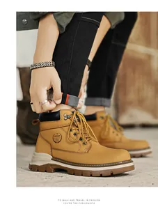 Classic tan leather Martin boots for men with rugged non-slip sole for outdoor fashion