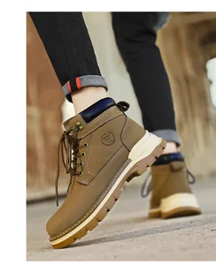 Close-up view of durable brown leather Martin boots with high-traction rubber soles