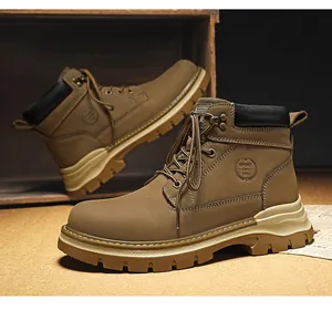Rustic brown leather Martin work boots with rugged soles and lace-up design