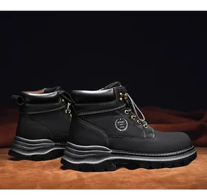 Detailed side view of black high-top leather Martin boots with lace-up design.