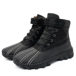 Bottes Martin en cuir pour hommes, hautes, noires avec coutures blanches et doublure chaude