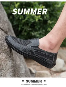 Macro view of men's black mesh loafers with hand-stitched details for summer wear