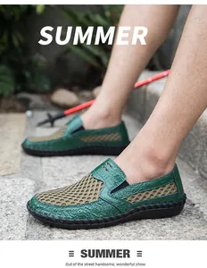 Detailed view of breathable green mesh summer slip-on shoes for men shown in outdoor street scene