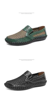 Detailed view of men's summer hollow mesh casual shoes in green and black finishes.