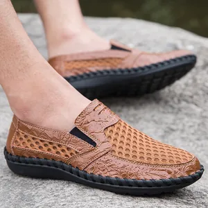 Men's brown breathable mesh casual loafers for summer outdoor activities with rubber sole