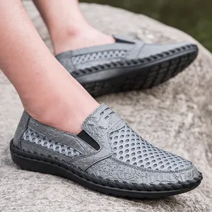 Men's summer breathable mesh casual loafers with crocodile texture and rubber sole.