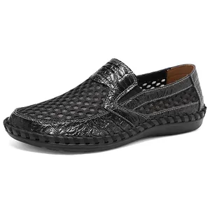 Men's breathable black mesh loafer with crocodile pattern textured leather