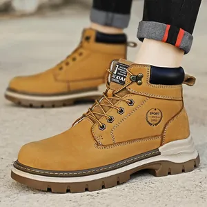 Classic wheat-colored leather Martin boots for men, durable outdoor work boots in big sizes
