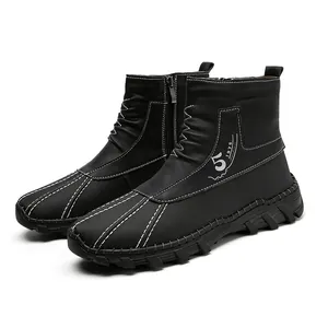 Stylish men's black high-top winter snow boots featuring a side zipper and warm fleece lining