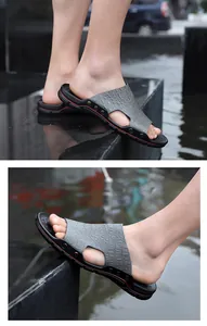 Detail shot of men's casual grey slides featuring crocodile texture and non-slip sole.