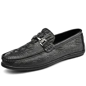Mocasines de Cuero Genuino con Patrón de Cocodrilo para Hombre Zapatos de Conducción Informales con Detalle de Metal Negro