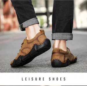 Detailed view of men's brown leather leisure shoes with unique hand-stitched side seams