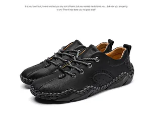 Macro detail of black leather men's casual shoes with textured upper and hand-stitched sole