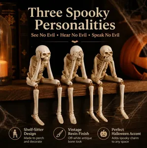 Halloween Figurine Squelette en Résine Fini Os Antique Étagère Sitter Crâne Entendre Voir Dire Aucun Mal Statue