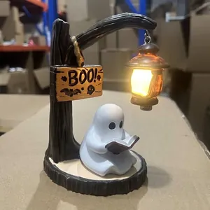 Detailed view of a cute ghost reading a book under a warm glowing Halloween lantern