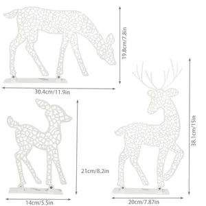 Dimension guide for three white metal deer ironwork Christmas tabletop ornaments.