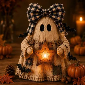 Macro shot of a rustic wooden ghost decoration holding a glowing star for Halloween