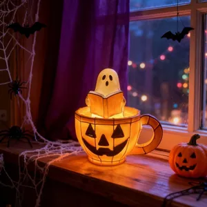Cozy Halloween ghost bubble bath lamp decoration glowing on a wooden window sill at night