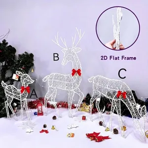 Set di 3 renne di Natale a LED 2D cornice piatta bianca con fiocchi rossi per giardino