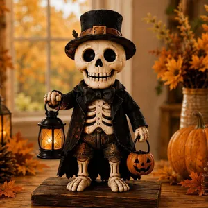 Detailed view of a Halloween skeleton monster figurine holding a lantern decoration