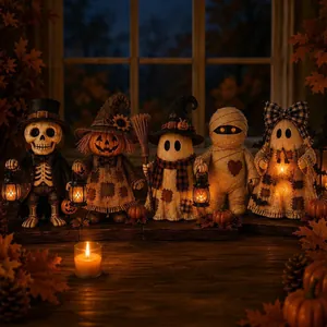 Detailed group shot of five wooden Halloween monster figurines with lit lanterns on a table