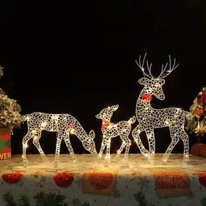 Light Up Christmas Iron Deer Set White Hollow Metal Reindeer Figurine With LED Lights And Red Bow For Holiday Tabletop Decor