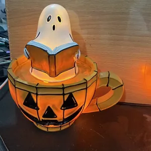 Warm glowing ghost in pumpkin bathtub Halloween decorative night light detail