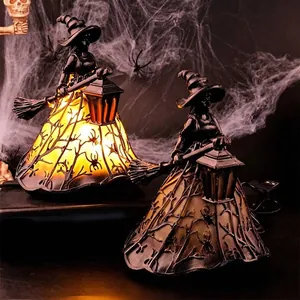 Halloween Witch Lamp Resin Table Light Desktop Ornament Ghost Reading Book Statue Glowing Festival Home Decor Night Light