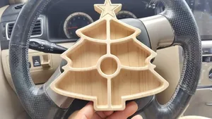 Close-up of the wooden Christmas tree divided tray with natural grain finish