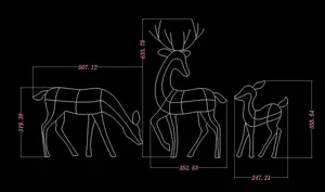 Plan technique avec dimensions pour trois cadres de cerf de Noël en fer forgé.