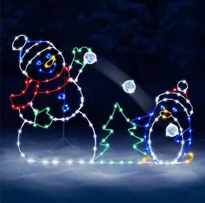 Guirnalda de luces LED de Navidad animada con muñeco de nieve y pingüino. Decoración festiva de metal para jardín y exteriores en invierno.