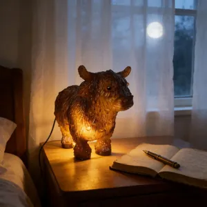 Artistic Highland cow resin night light lamp on wooden bedside table with warm amber glow