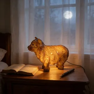 Atmospheric Highland cow night light providing a warm glow on a wooden nightstand
