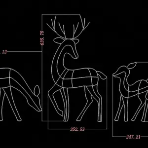 Schéma technique des dimensions pour décorations de rennes de Noël en fer en trois tailles
