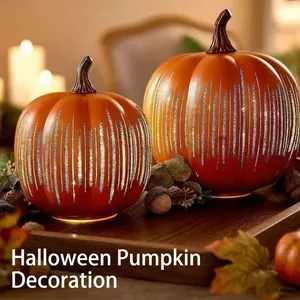 Halloween LED Lighted Starry Night Glass Pumpkin Tabletop Decor Vintage Orange Black Glass Pumpkin Ornament Autumn Centerpiece