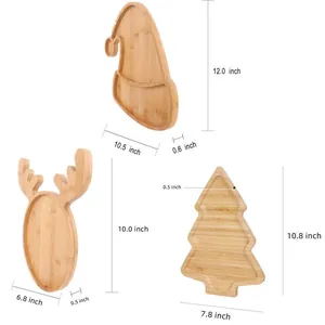 Detailed dimensions of wooden Christmas trays in reindeer, tree, and Santa hat shapes.