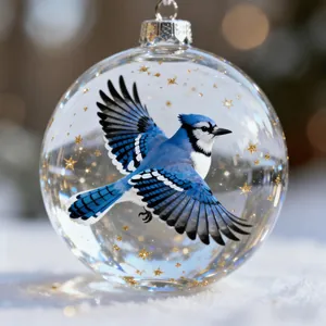 Beautiful crystal glass ornament featuring a flying blue jay and decorative gold stars