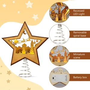 Hölzerne Weihnachtsbaumspitze Stern mit LED-Beleuchtung und festlicher Miniaturszene