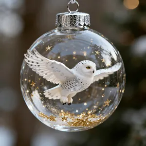 Detailed view of a snowy owl figurine inside a clear crystal glass ball ornament