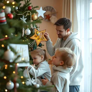 Vater und Kinder setzen eine beleuchtete Holzsternspitze auf den Weihnachtsbaum.