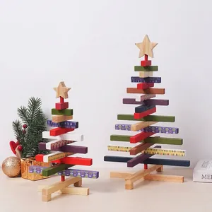 Albero di Natale Girevole in Legno Ornamento Stile Mattoncini Nordico Multicolore Motivo Geometrico Decorazione da Tavolo Natale