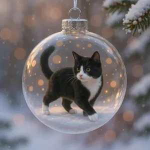 Close-up of a festive glass Christmas ball ornament featuring a cute black white cat.