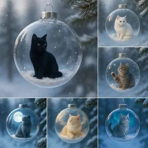 Exquisite Christmas glass ornaments featuring miniature cats inside a snowy globe
