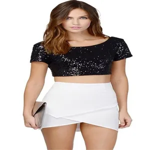 Detailed close-up shot of a black sparkling sequin crop top perfect for summer parties
