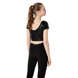 Stylish back view of a sexy black sequin backless crop top shirt for women's party wear