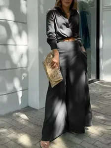 Ensemble Décontracté Femme Haut Et Bas Couleur Unie Col en V Chemise Manches Longues et Pantalon Large Élégant