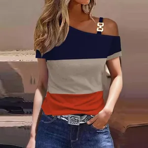 Women's Sexy One Shoulder Irregular T-Shirt With Metal Buckle Printed Summer Short Sleeve Patchwork Slim Fit Casual Pullover Top